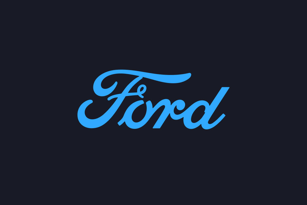 Blauw Ford-scriptlogo op een donkere achtergrond.