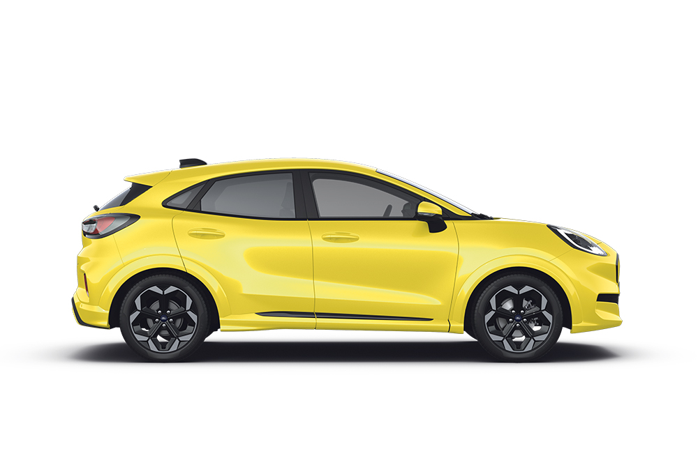 Een gele Puma Gen-E uit het assortiment kleine auto's van Ford.