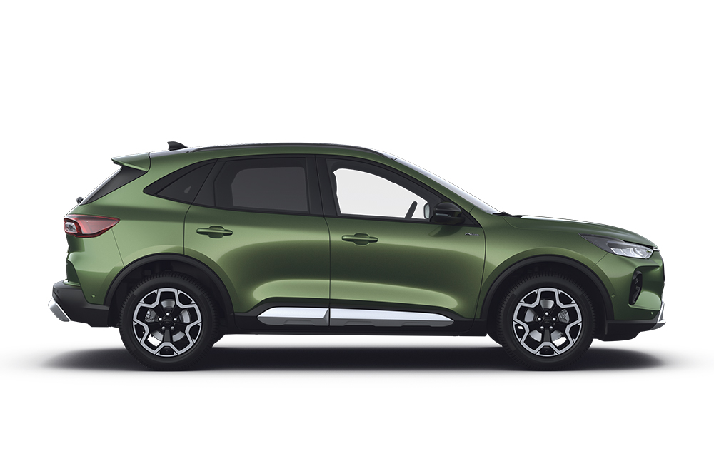 Een groene Ford Kuga, onderdeel van het assortiment SUV's van Ford.