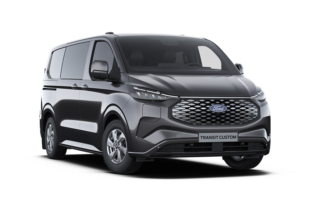 Donkergrijze Ford E-Transit Custom Limited-bestelwagen met dubbele cabine, vooraanzicht.