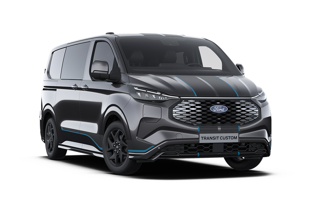 Donkergrijze Ford E-Transit Custom Sport-bestelwagen met dubbele cabine, vooraanzicht.