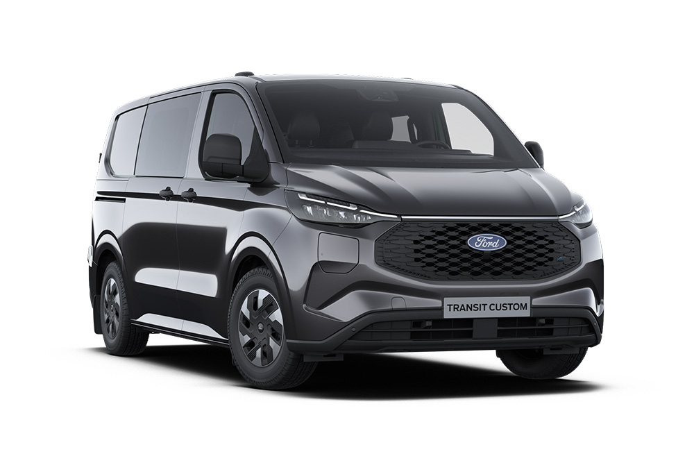 Donkergrijze Ford E-Transit Custom Trend-bestelwagen met dubbele cabine, vooraanzicht.