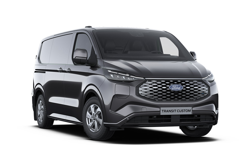 Donkergrijze Ford E-Transit Custom Limited-bestelwagen, vooraanzicht.