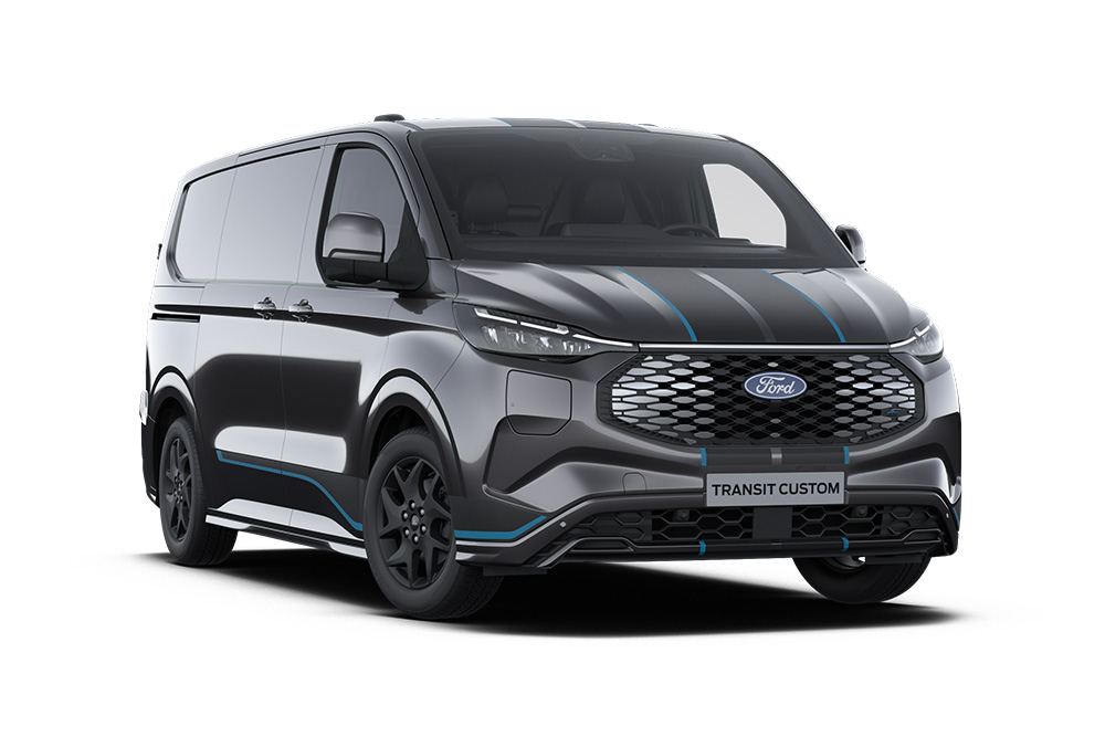 Donkergrijze Ford E-Transit Custom Sport-bestelwagen, vooraanzicht.