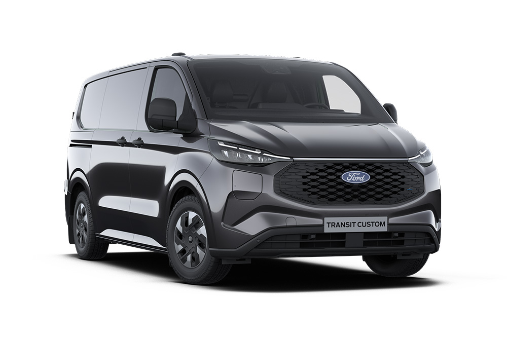 Donkergrijze Ford E-Transit Custom Trend-bestelwagen, vooraanzicht.