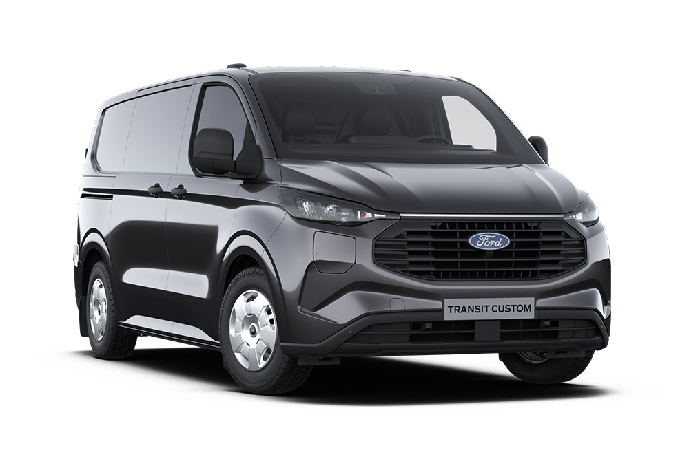 Schuin vooraanzicht links van een donkergrijze Ford Transit Custom Trend bestelwagen tegen een witte achtergrond.