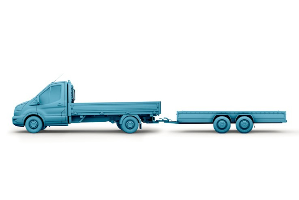 Blauwe schets van een Ford Transit-chassis met cabine en aanhanger. 
