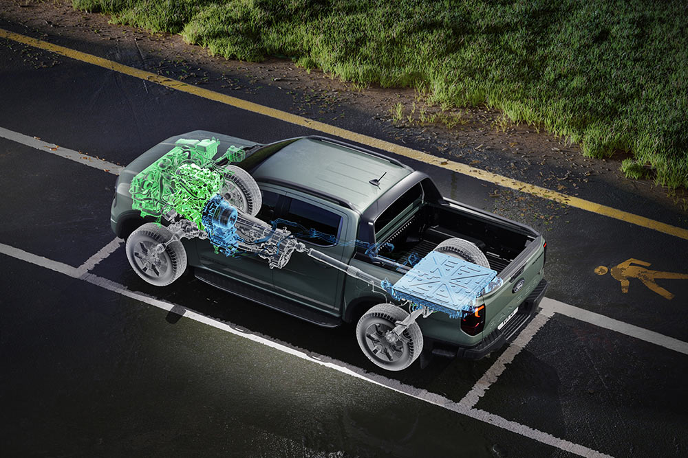 Ford Ranger naast een grasveld, met een interieurbeeld waarin de bediening en techniek centraal staan.