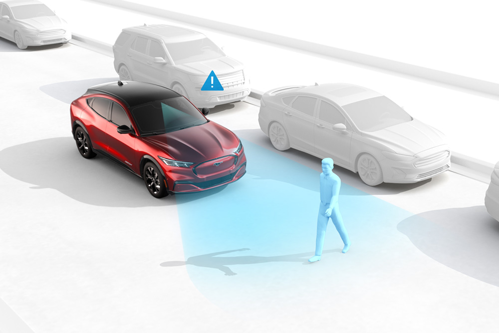 Afbeelding ter illustratie van het automatische noodremsysteem in een Ford-voertuig.