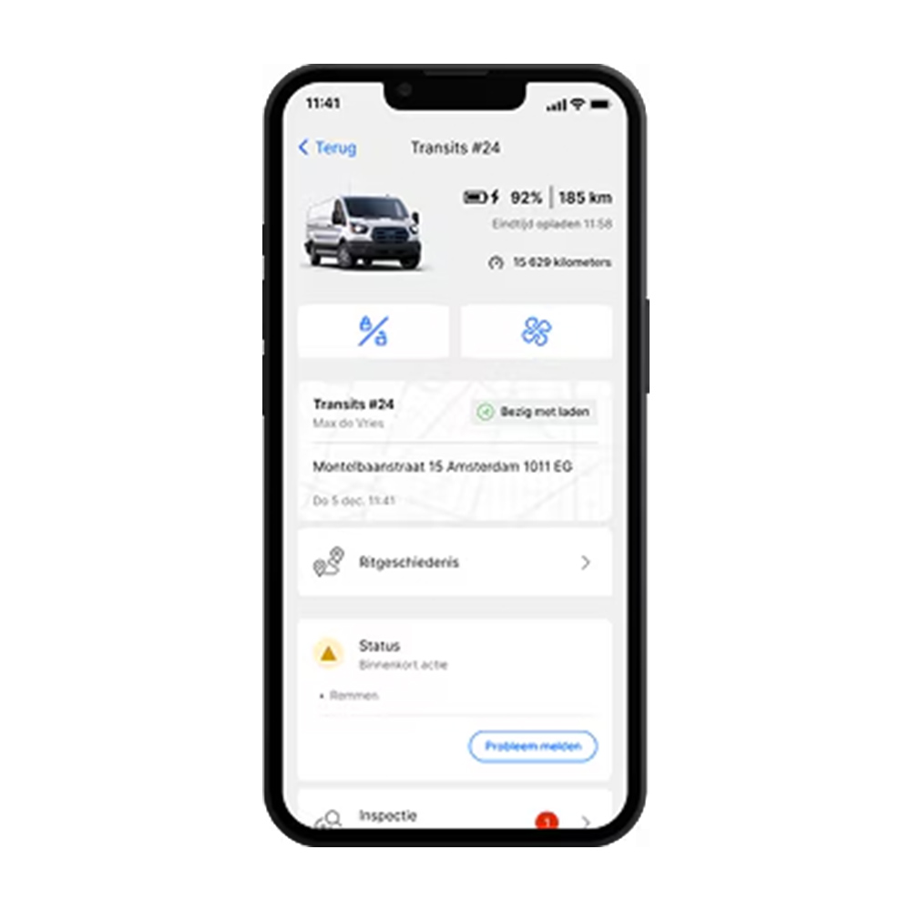 Ford Pro Telematics Drive Screenshot van de Telematics Drive app, met op het scherm een voertuigpagina, die verschillende indicatoren toont