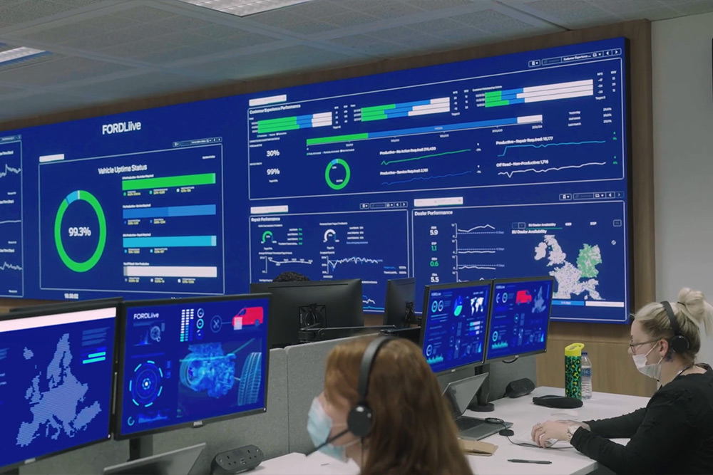 Groot FordLiive-scherm in controlekamer toont voertuiggegevens. Mensen met headsets werken aan computerwerkplekken.