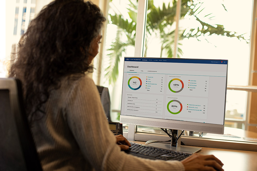 Vrouw bekijkt haar Ford Telematics dashboardgegevens op haar desktopcomputer.