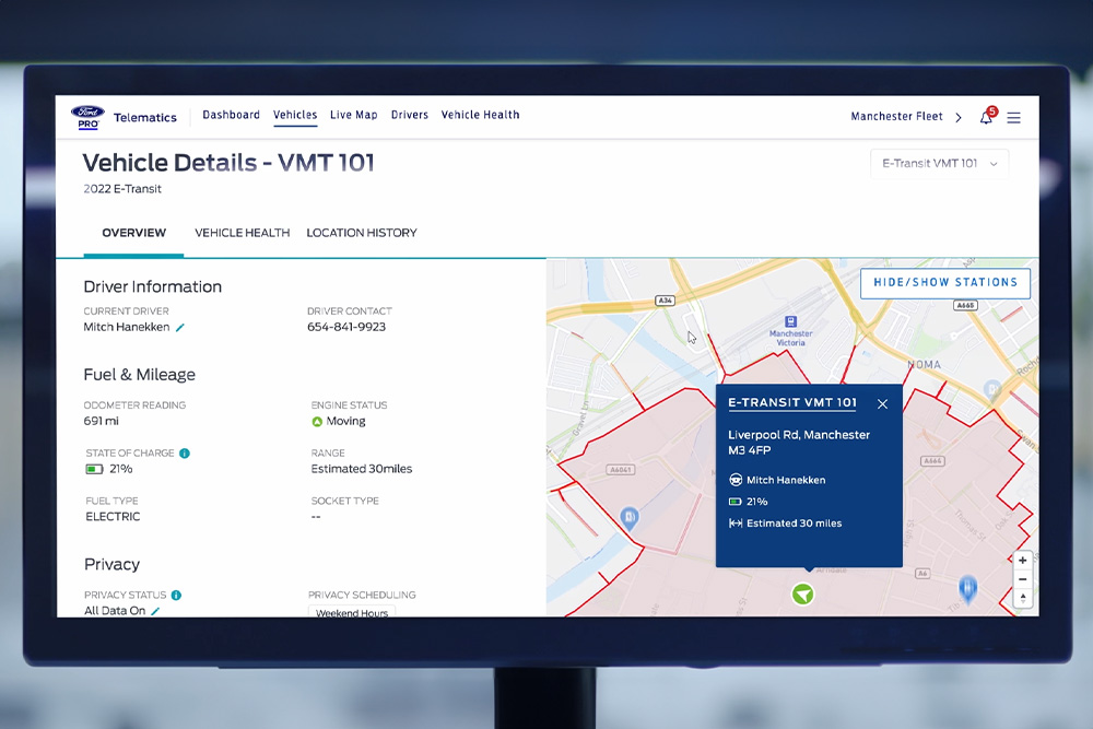 Een dashboard dat de GPS Fleet Tracking functie van Ford toont.