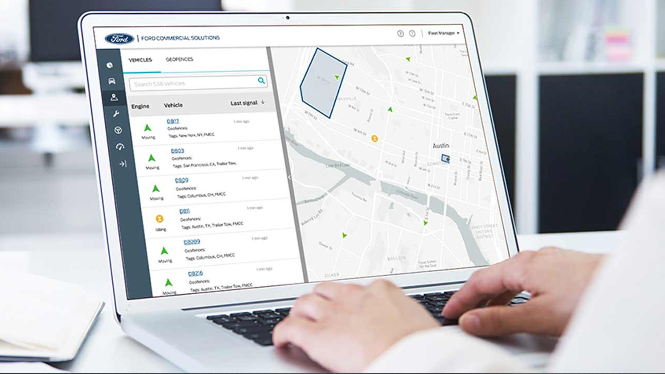  Ford Pro Telematics-dashboard weergegeven op een laptopscherm.